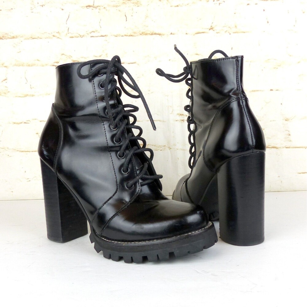 Jeffrey Campbell Legion Boot Women 8.5M Black Leather Heel Lace Zip Lug Ankle